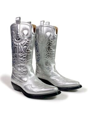 Ganni Silver Mid Shaft Embroidered Western Boots